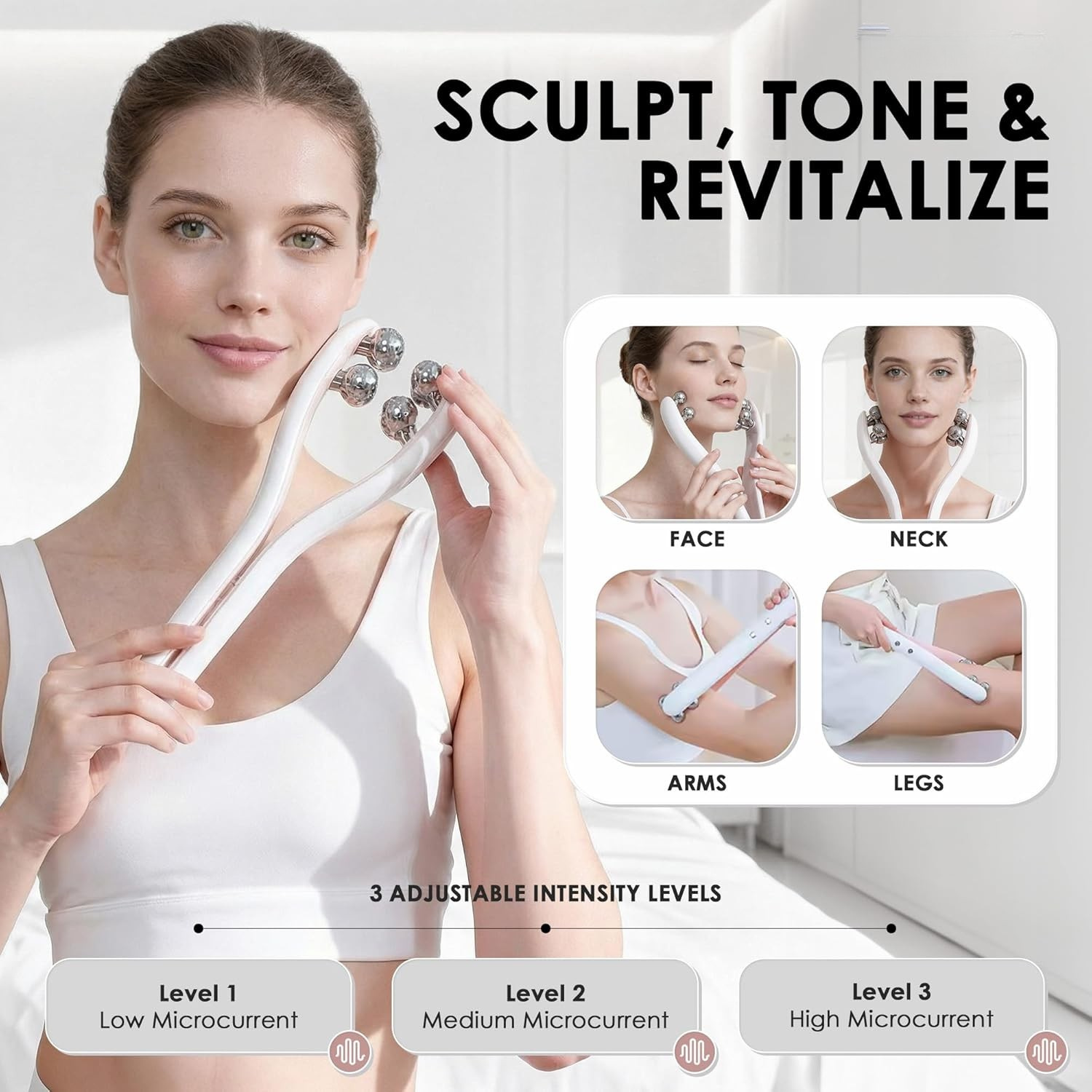 Microcurrent Facial Massager with 3D Roller – Rechargeable Face & Body Sculpting Tool with 3 Intensity Levels for Jawline, Neck & Skin Tightening