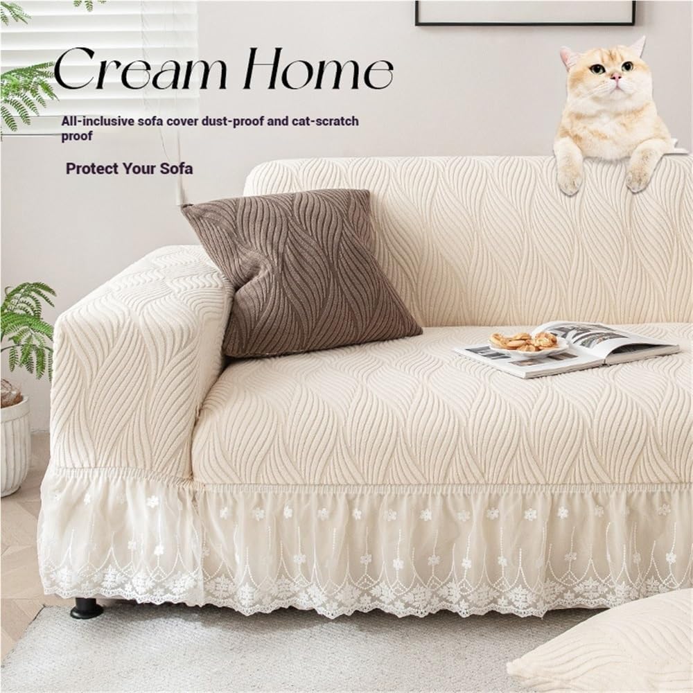 Stretch Sofa Chair Cover with Ruffled Lace Trim