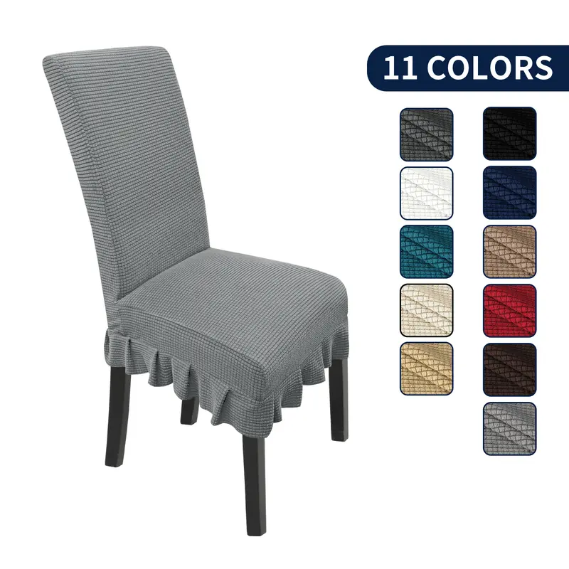 The chair cover has a skirt, is thick, stain-resistant, and elastic.